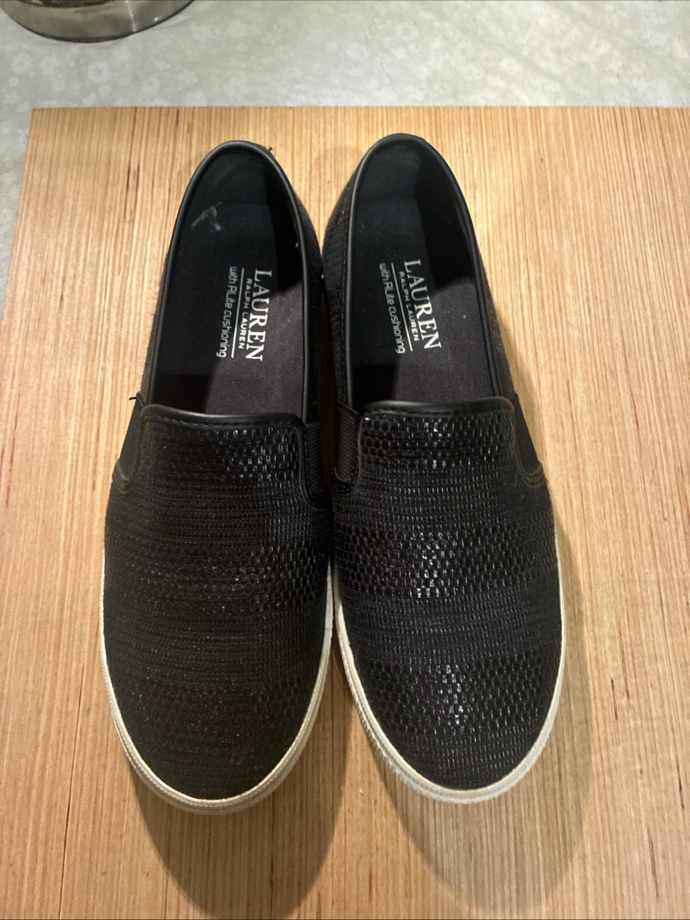 Lauren Ralph Lauren Black Knit Slip-On Loafers with White Sole